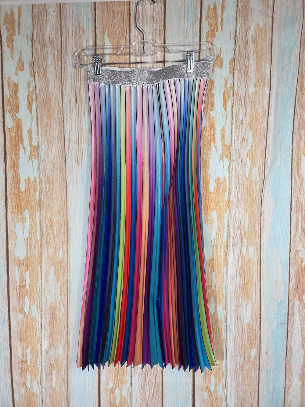 Why Dress Multicolor Pleated Midi Skirt with Silver Elastic Waistband. Sz Small